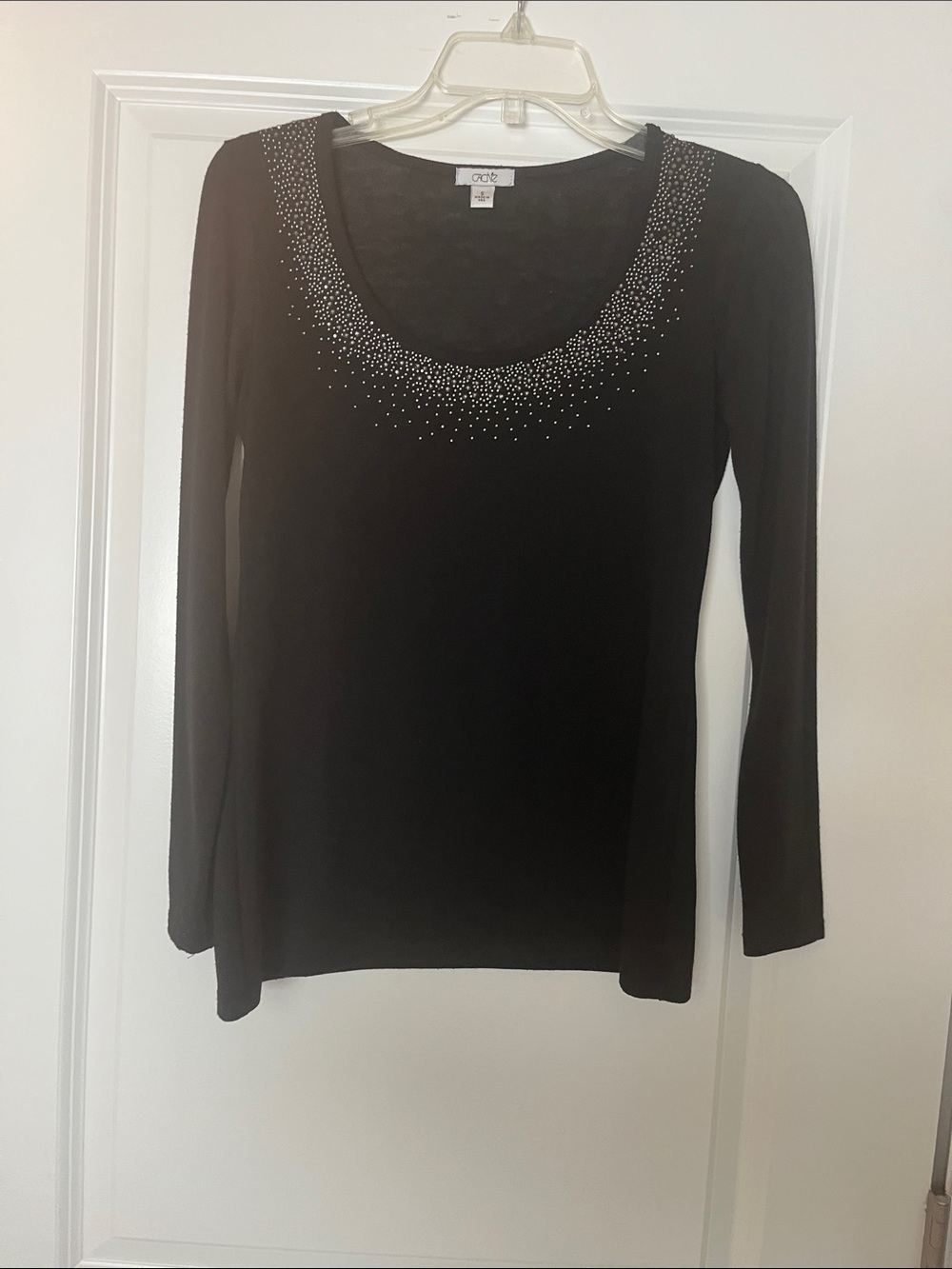 Cache Black Long Sleeve Tee with Rhinestone Scoop Neck